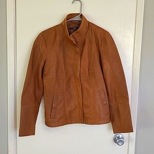 Quince Women's Cognac-Brown Leather Stand-Collar Jacket sz M Medium Full Zip NWT